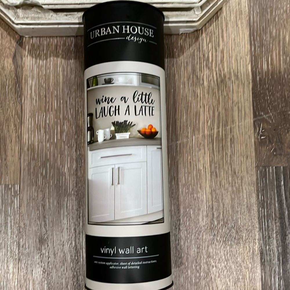 Vinyl wall art “wine a little laugh a latte” wording in black